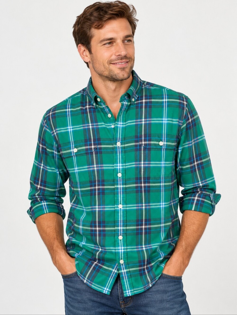 Urban Pipeline Men's Shirt 100% Cotton Green Plaid Button-Up Size M